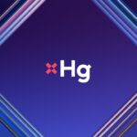 Hg logo in white with a red X mark on a purple and blue abstract background with glassy geometric edges