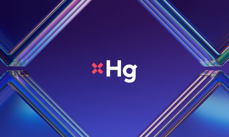 Hg logo in white with a red X mark on a purple and blue abstract background with glassy geometric edges