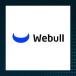 Webull logo with a blue crescent symbol and black wordmark on a white square over a dark dotted background