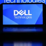 Smartphone screen displaying the Dell Technologies logo against a blue background