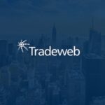 White Tradeweb logo centred over a blue-tinted city skyline