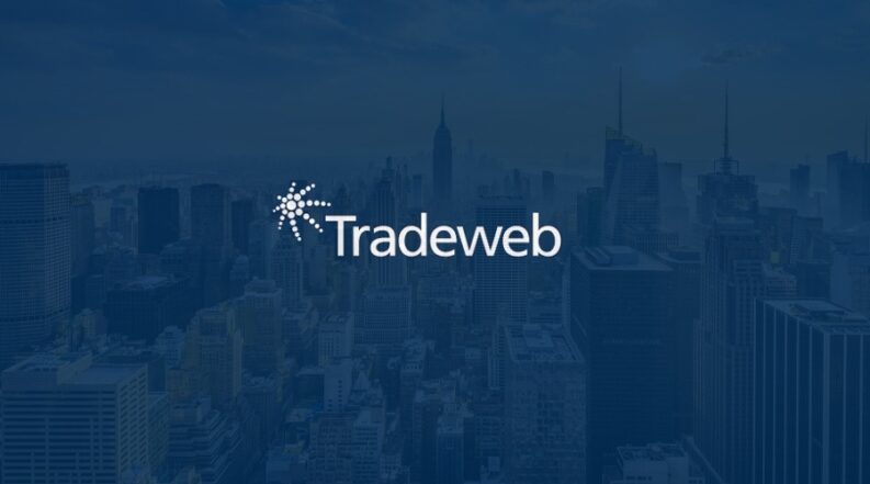 White Tradeweb logo centred over a blue-tinted city skyline