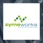 Zymeworks logo and tagline 'Building Better Biologics' on a white square over a blurred blue-grey background