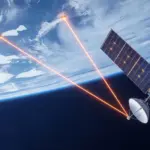 Illustration of a satellite in orbit above Earth, with two orange signal beams running from its dish antenna to the surface