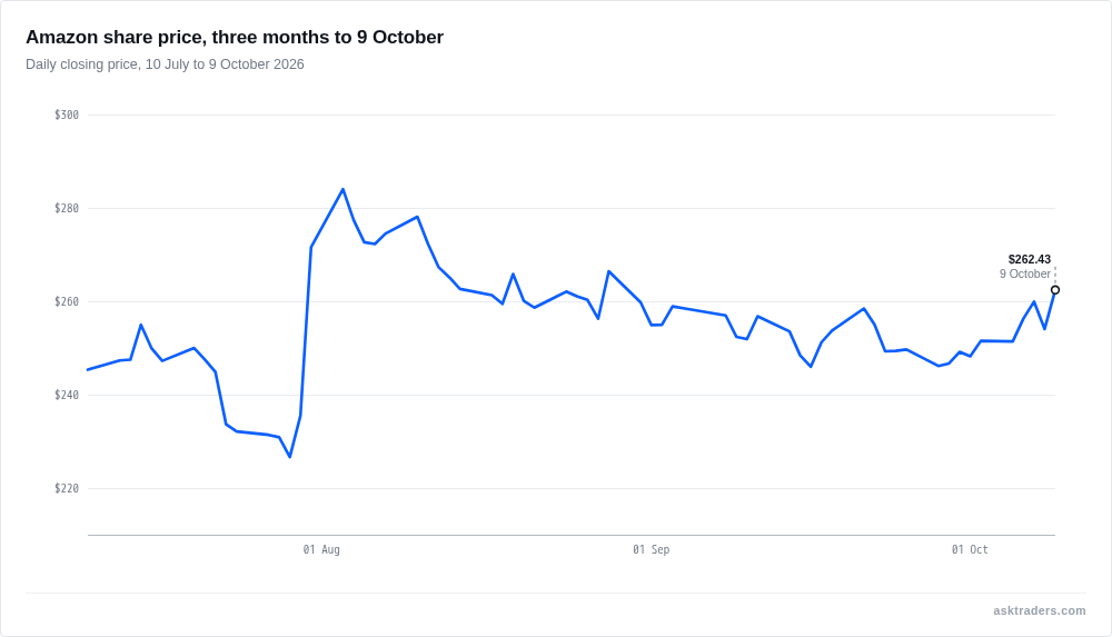 Line chart of Amazon daily closing share price from 10 July to 9 October 2026, ending at $262.43