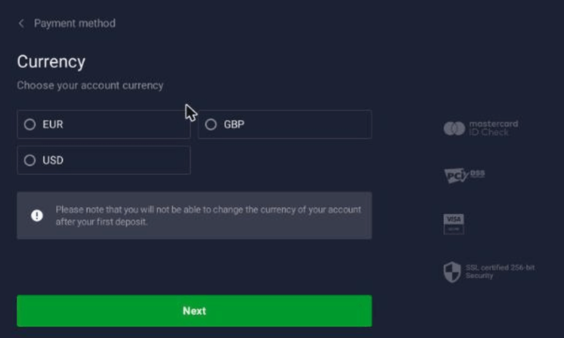 IQ Option account currency selector showing EUR, GBP and USD