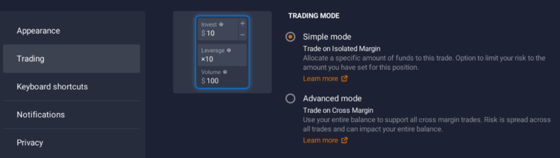 IQ Option trading mode settings showing Simple and Advanced mode