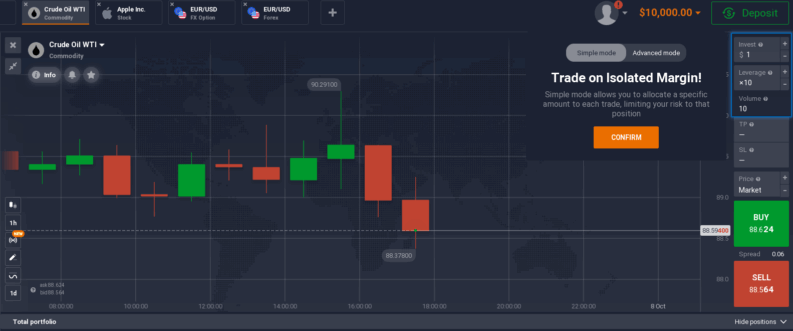 IQ Option platform showing the Simple and Advanced mode selector on a Crude Oil WTI trade